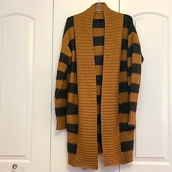 Press Made in Canada Long Knit Super Soft  Stripe Cardigan Camel & Gray Size S - Picture 1 of 10
